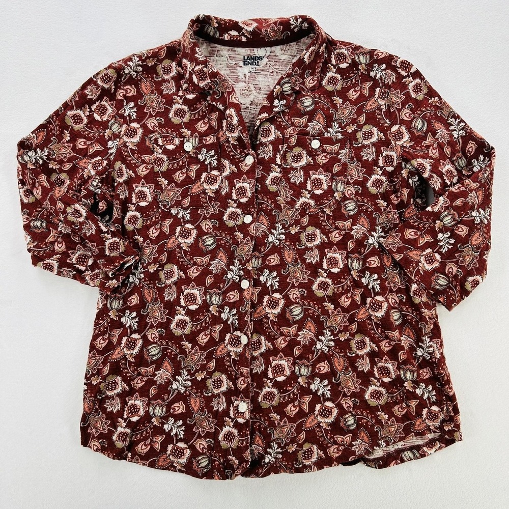 Lands' End Shirt Womens Petite Medium Red Floral Jersey Button Up 3/4 Sleeve